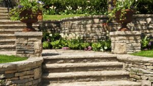 A tiered landscape with many different stones.