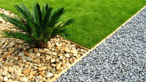 A landscape with two different kinds of landscaping stones.